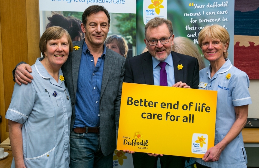 David promoting the daffodil appeal alongside actor Jason Isaacs and nurses Sally Monger-Godfrey and Lib Wolley