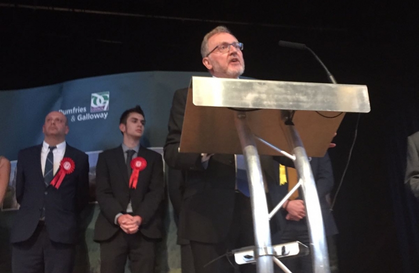 David Mundell on stage accepting his re-election as MP