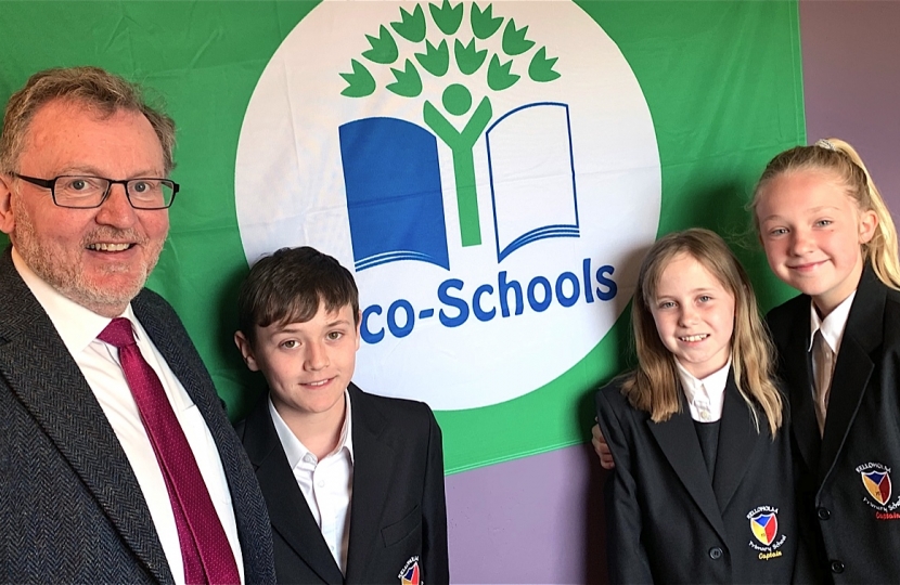 David Mundell with Kelloholm Primary School house captains, left to right, Billy Houston, Beth Smith and Macy Gault.