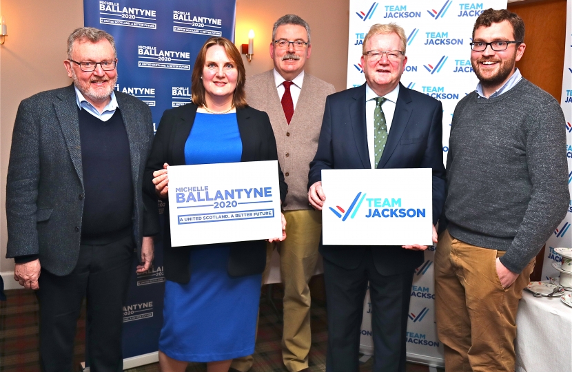 Scottish Conservatives' leadership election candidates Michelle Ballantyne, second from left, and Jackson Carlaw, fourth from left, at the Moffat hustings on Saturday.  Looking on, left to right, are: David Mundell, MP, meeting chairman Charles Milroy and Oliver Mundell, MSP