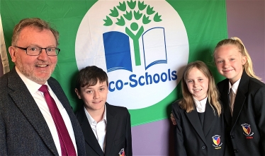 David Mundell with Kelloholm Primary School house captains, left to right, Billy Houston, Beth Smith and Macy Gault.