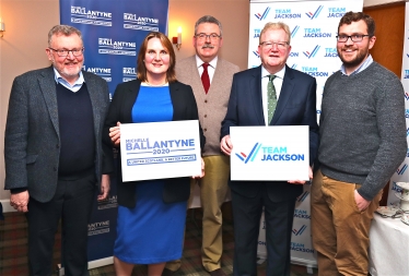 Scottish Conservatives' leadership election candidates Michelle Ballantyne, second from left, and Jackson Carlaw, fourth from left, at the Moffat hustings on Saturday.  Looking on, left to right, are: David Mundell, MP, meeting chairman Charles Milroy and Oliver Mundell, MSP
