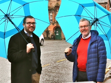 ALL WEATHERS . . . Dumfriesshire constituency MSP Oliver Mundell, left, and local MP David Mundell stopped off in Lochmaben as they embarked on their marathon outdoor constituency tour